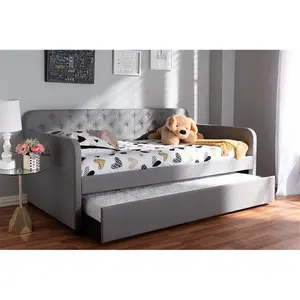 212 MAIN Twin Size Streamlined Camelia Modern-Contemporary Light Grey Fabric Daybed, Space-Saving Button-Tufted Upholstery Sofa with Roll-Out Trundle Guest Bed