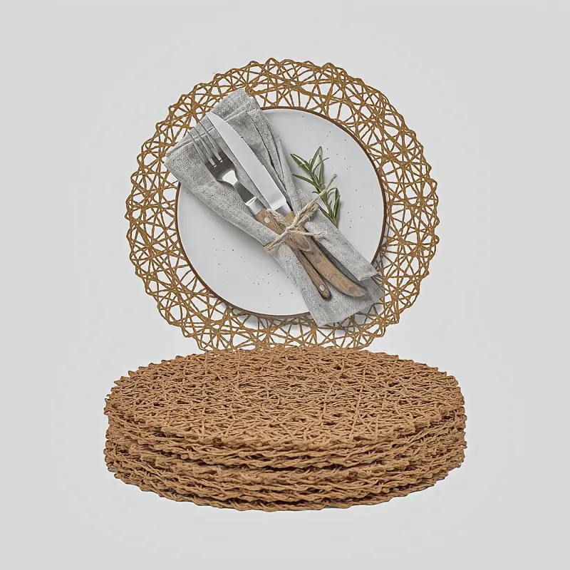 Set of 12 Natural Woven Paper Round Placemats - Non-Slip Heat-Resistant Table Mats, Thick 15-Inch Circle Table Protectors for Indoor/Outdoor Dining, Elegant Table Setting for Parties, Weddings, Daily Use Coasters Lightweight