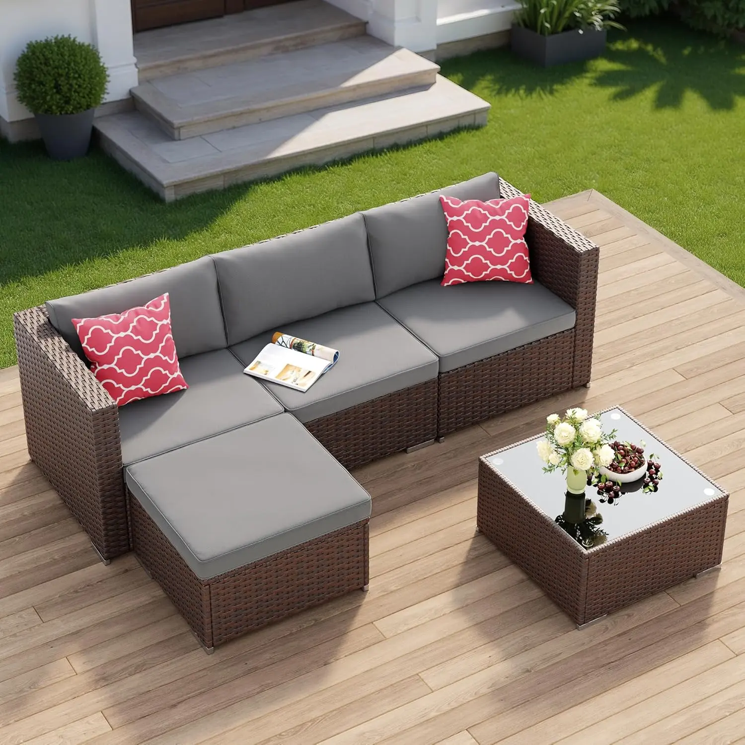 GIZOON 5 Pieces Patio Furniture Set All-Weather Outdoor Wicker Sectional Patio Furniture with Cushion and Glass Table (Grey)