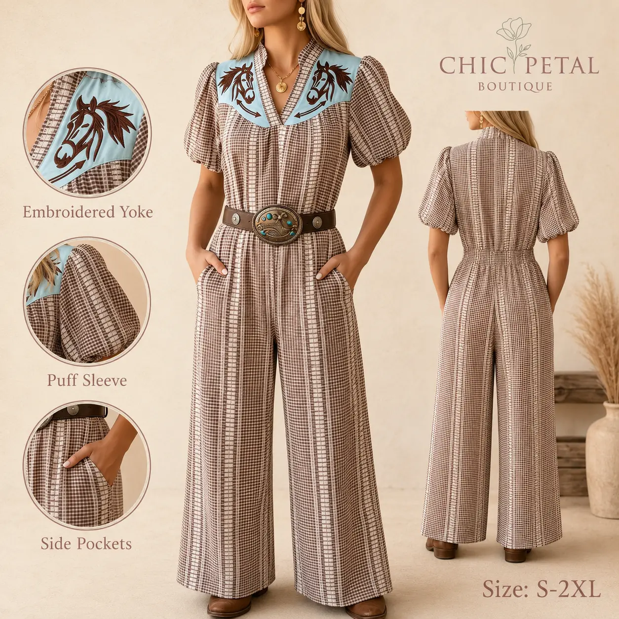 Women’s Western Check Print Short Overalls - Puff-Sleeve Wide-Leg 1-Piece Outfit with Horse Embroidery by Chic Petal Boutique