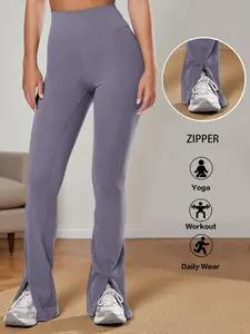Fisoew High Waisted Flare Leggings Slit Hem Bell Bottom Yoga Pants with Tummy Control