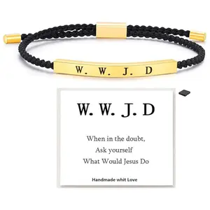 Inspirational woven bracelet with adjustable stainless steel curved tube and engraved cord, perfect for everyday wear.
