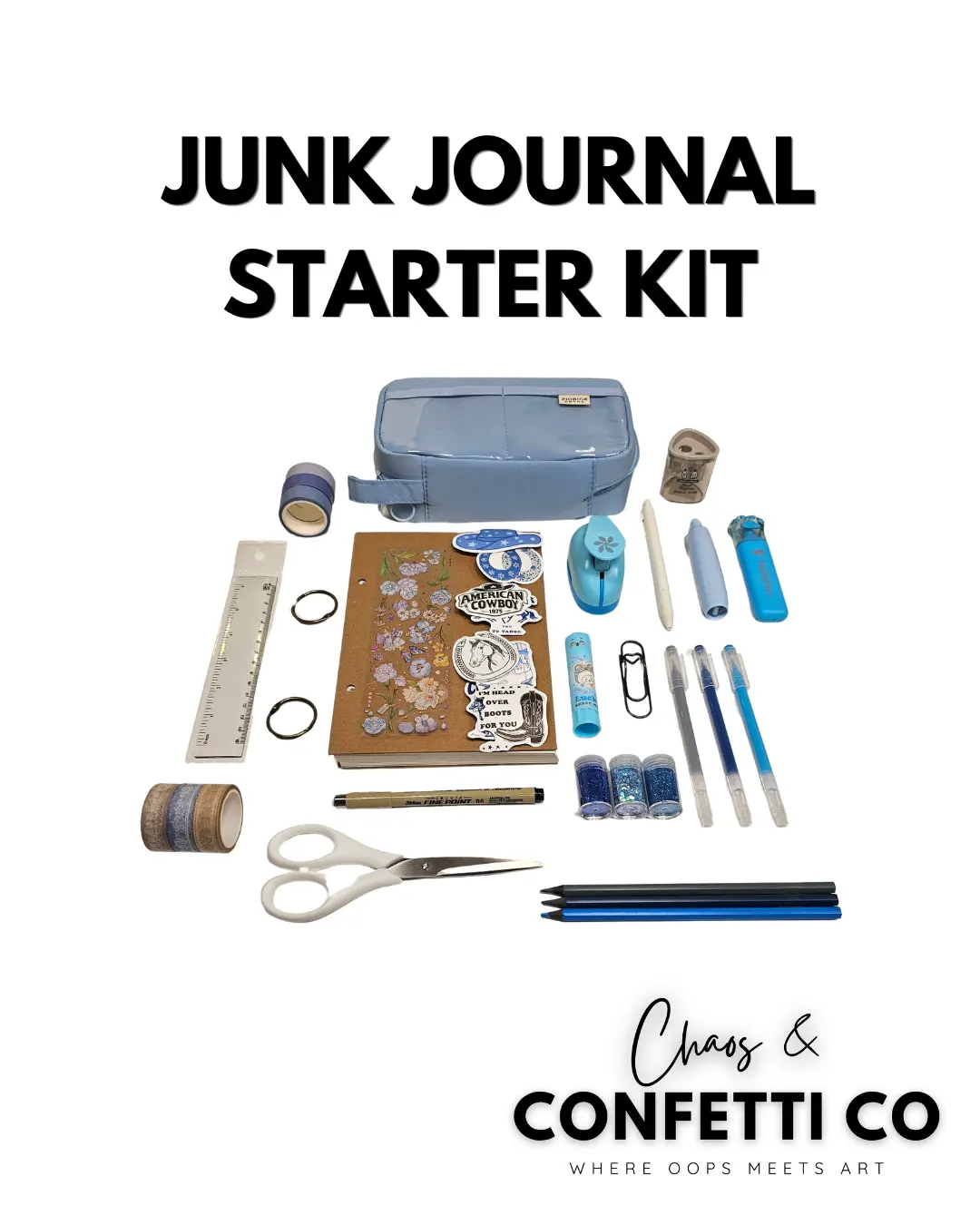Chaos & Confetti Co Junk Journal Starter Kit - Complete Washi Stickers Craft Kit with Gel Pens, Washi Tapes, Glitters & Creative Journaling Tools Supplies Accessories, Washi Stickers Craft Kits