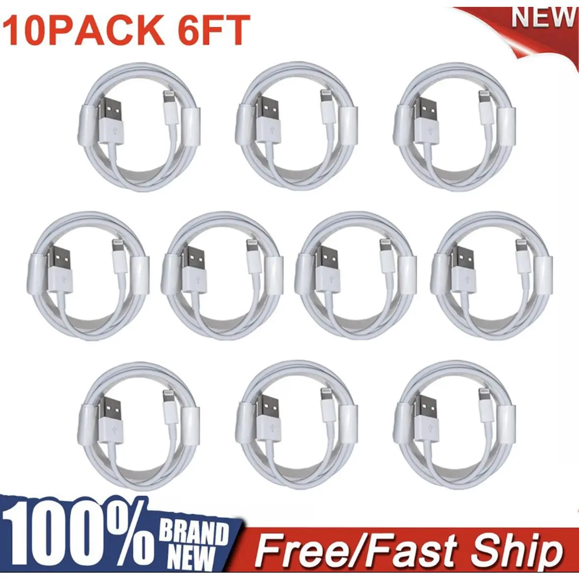 10 Pack Wholesale USB Cable Charger Cord for iPhone 6 7 8 X XR 11 12 13 14 Pro - Ideal for Multiple Devices