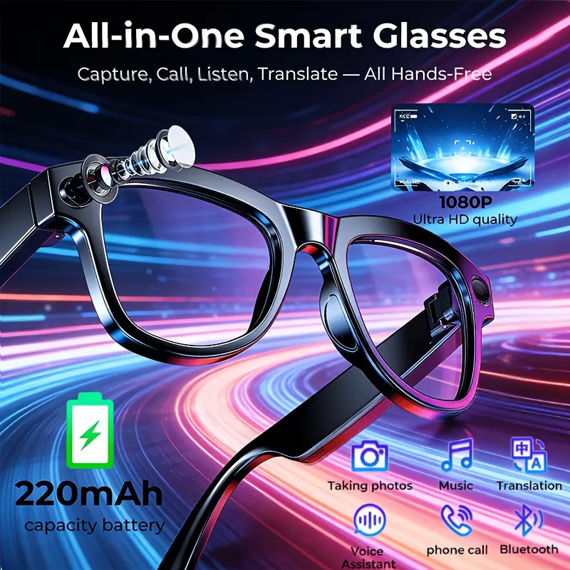 AI Smart Glasses Camera HD Video Recording Glasses with Audio, Real-Time Translation, Bluetooth Call & Music, AI Object Recognition, Touch Control, Wearable Camera Glasses for Men Women Travel Outdoor