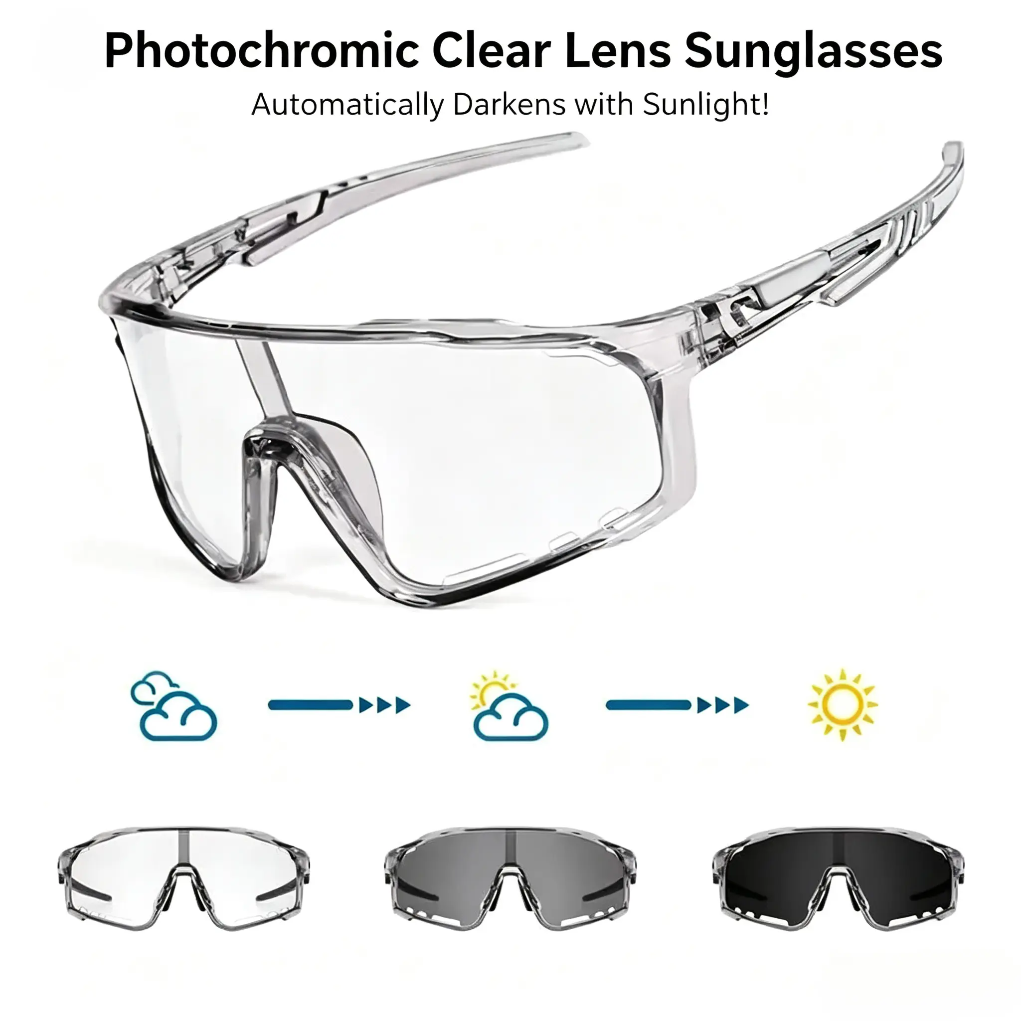Unisex Photochromic Cycling Sunglasses - Anti-UV, Windproof Protective Eyewear, Bike Accessory for Road Biking, Day Sports