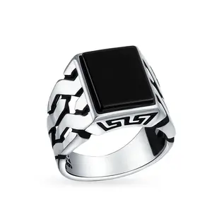 Large Rectangle Gemstone Wide Chain Link Statement Signet Ring Sterling Silver