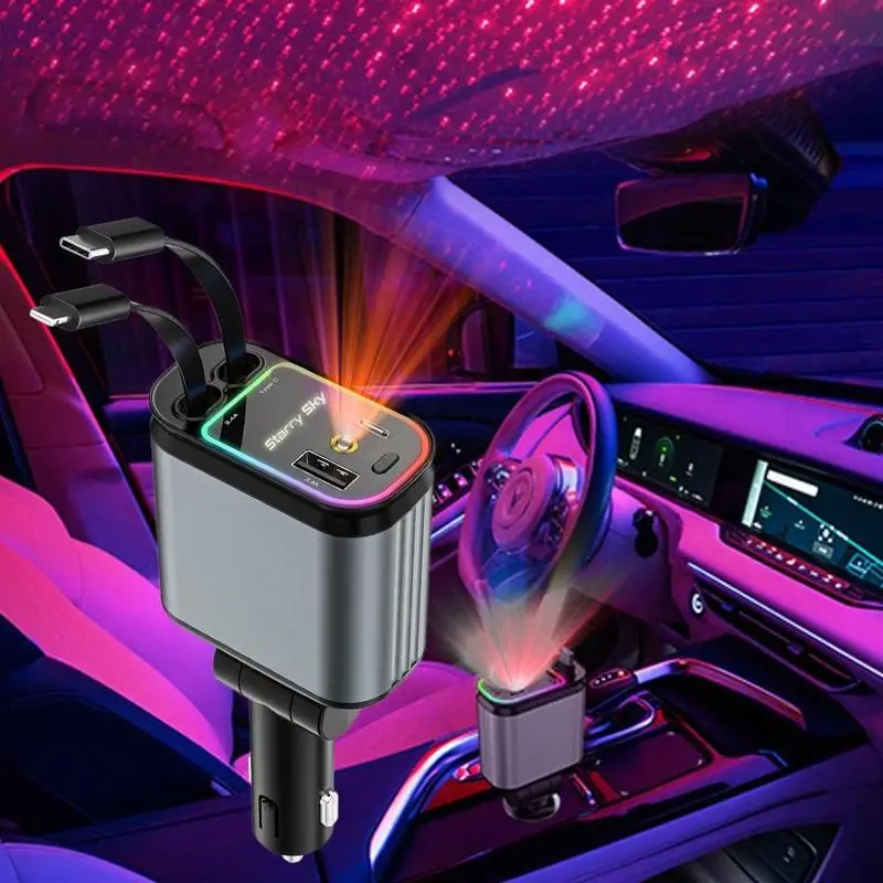 5 in 1 Car Charger with Starry Sky Spotlight, with Charging Cable & 2 Charging Ports, Universal for Phones Retractable Retractable Dual Car Charger wi