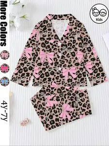 Cute Bow Leopard Print Kids Pajama Set, Fitted Long Sleeve Button Front Top & Elastic Pants, All-Season Children Sleepwear, Leopard Print Pajamas