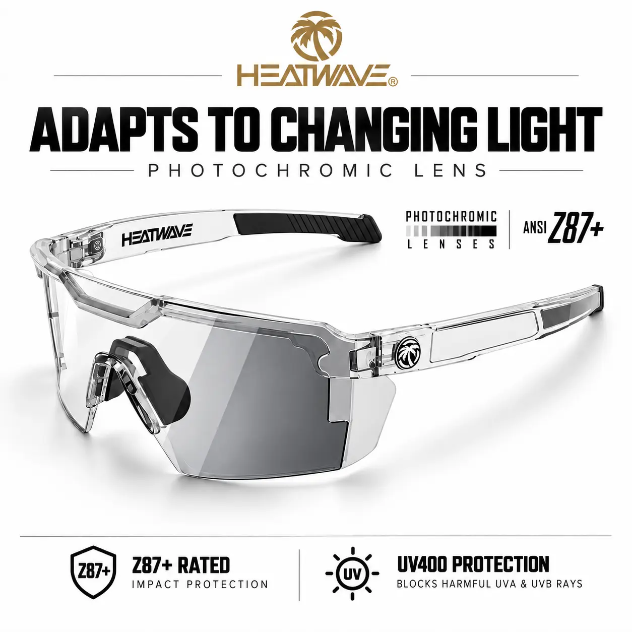 HEATWAVE Future Tech Sunglasses – Vapor Clear Photochromic Lens, ANSI Z87+ Safety Rated, Protective Sports Eyewear for Construction, Outdoor Work & Everyday Use