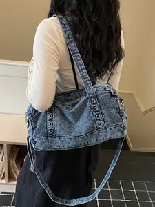 2026 New Versatile Commuter Shoulder Bag, Simple Style Denim Tote, Large Capacity Work Bag, Fashionable Crossbody Backpack, Handbag Crossbody Denim