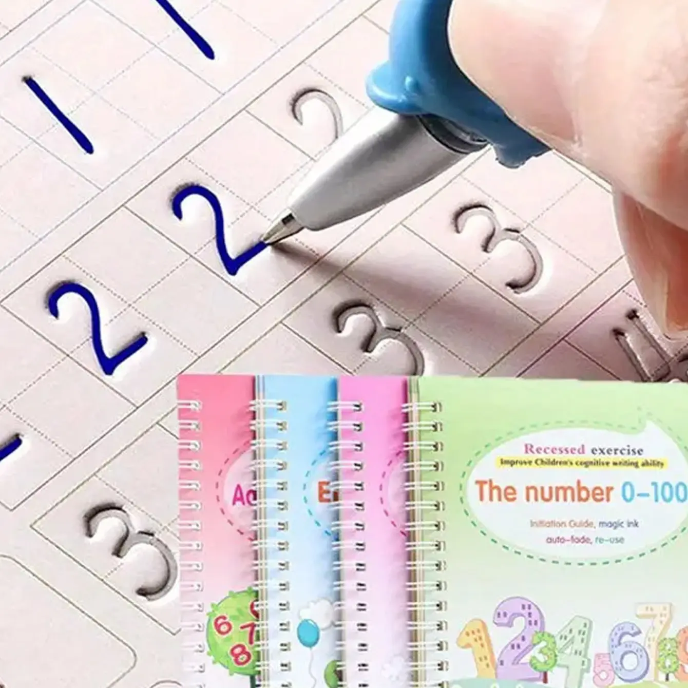 4-Pack Groove Letter Handwriting Practice Book Set, Learning Materials, School Supplies, Reusable Magic Groove Handwriting Exercise, Invisible Pen, Student Workbook for Kids, Tracing Preschool Books