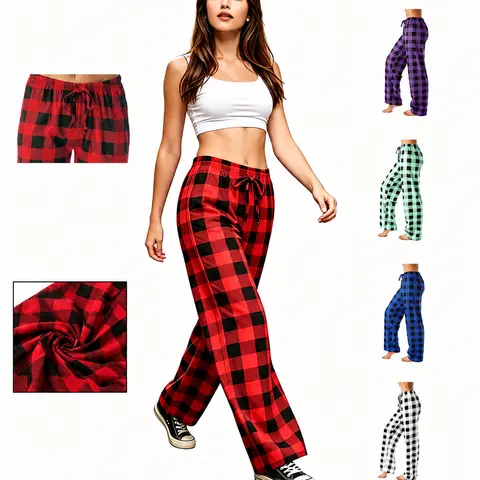 Women's Plaid Print Everyday Fabric Fit Comfy Pants - Drawstring Slip-On Lounge Pajama Bottoms, Year-Round Sleepwear