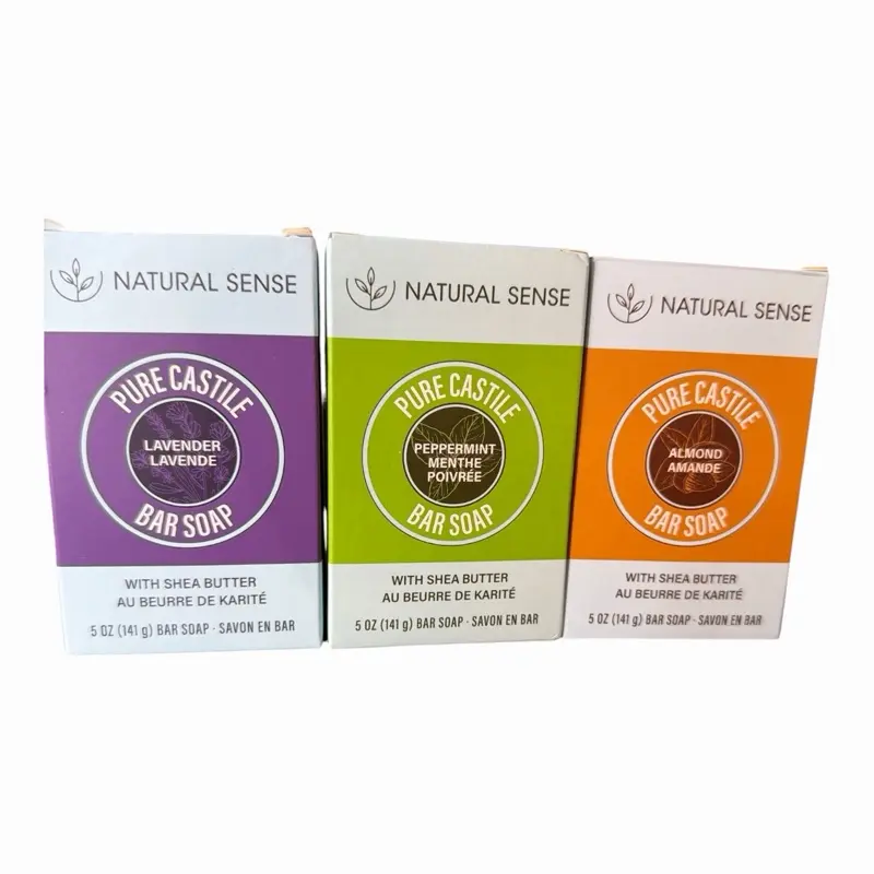Natural Sense Pure Castile Soap Bar Set - 3-Pc, 5oz (141g) with Shea Butter, Almond, Peppermint, Lavender Scents