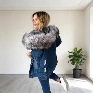 Women's Autumn Winter Plush Fur Collar Thickened Cotton-padded Denim Jacket Parka Zipper Hooded Coat Long Sleeve Casual Asian Style