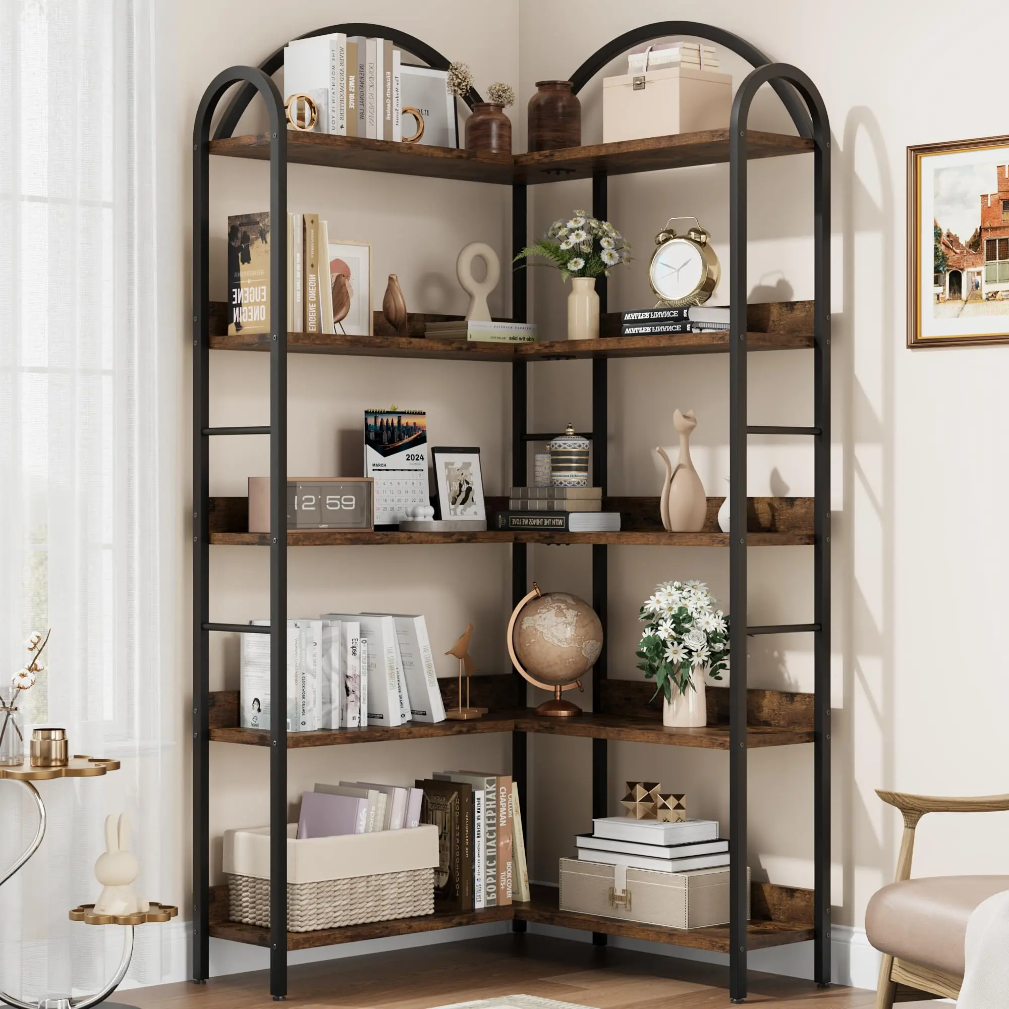 68.5" Tall 5-Tier L-Shaped Corner Bookshelf, Arched Top Metal Frame Open Display Shelf for Living Room, Bedroom & Home Office – Brown