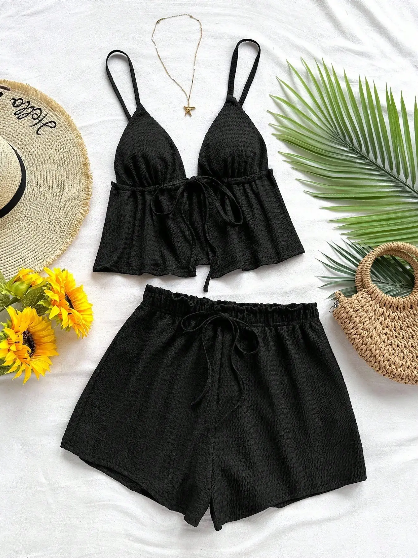 Two-Piece Set, Textured Fabric Halter Crop Top with Fake Drawstring Shorts, Casual Style Summer Vacation, V-Neck Front Tie Top with High-Waisted Shorts, Womenswear