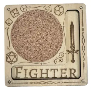 Fighter Dice Coaster with Engraved Design and Cork Surface for D&D Gaming