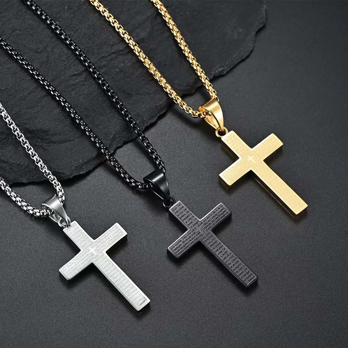 Unisex Religious Scripture Cross Necklace with Golden-Silver-Black Artificial Gemstones, All-Match Box & Link Chains, Men's Everyday Gift, Religious Necklaces, Religious Necklace