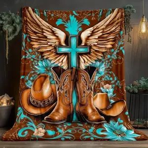 Western Cowboy Angel Wings & Cross Print Flannel Throw Blanket - Fleece Blanket