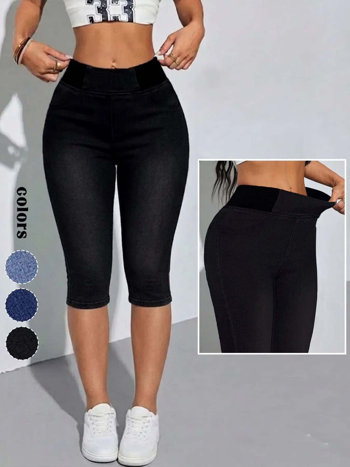 GILIPUR High-Waisted, Stretchy, Slim-Fit Cropped Jeans Bottom — Elastic Waistband, Plus-Size, Figure-Flattering Style, Denim Bottoms — Ideal for Pear-Shaped Figures & Daily Commuting — TChic