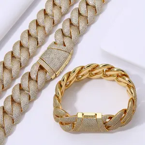 Cuban Chain Necklace/Bracelet 24mm Bubble Zircon Necklace Bracelet Miami Hip Hop Gift Men's Fashion Necklace Bracelet iced hip-hop sterling silver gold-plated moissanite Stainless Steel diamond set Link Baseball Team Skull-Inspired Rolling alloy watch