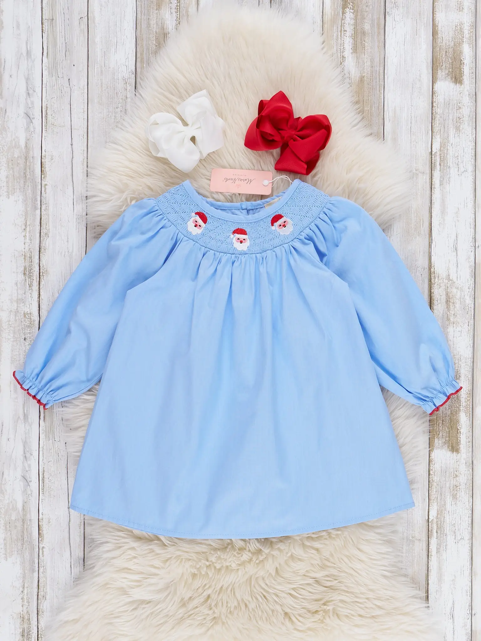 Blue Chambray Smocked Santas Ruffle Dress