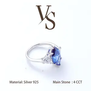 [Venus Jewelry] Lab Created Gemstone 4 CCT Three Stone Marquise Colored Design Solid Silver 925 Ring