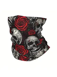 Gothic Rose & Skull Print Wrap Scarf - Breathable Stretchy Unisex Adult Face Mask for Cold Weather, Edgy Fashion Accessory with Black/Red/White Design, Versatile Neckwear, Stretchy Fabric, Bandana Mask