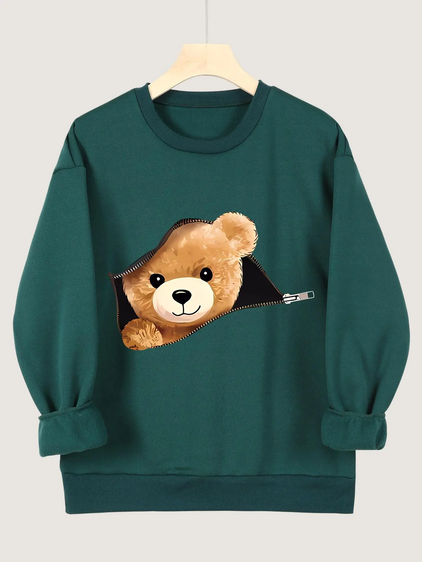 Women's Cartoon Bear Print Drop Shoulder Sweatshirt, Casual Long Sleeve Round Neck Pullover for Fall & Winter, Ladies Clothes for Daily Wear