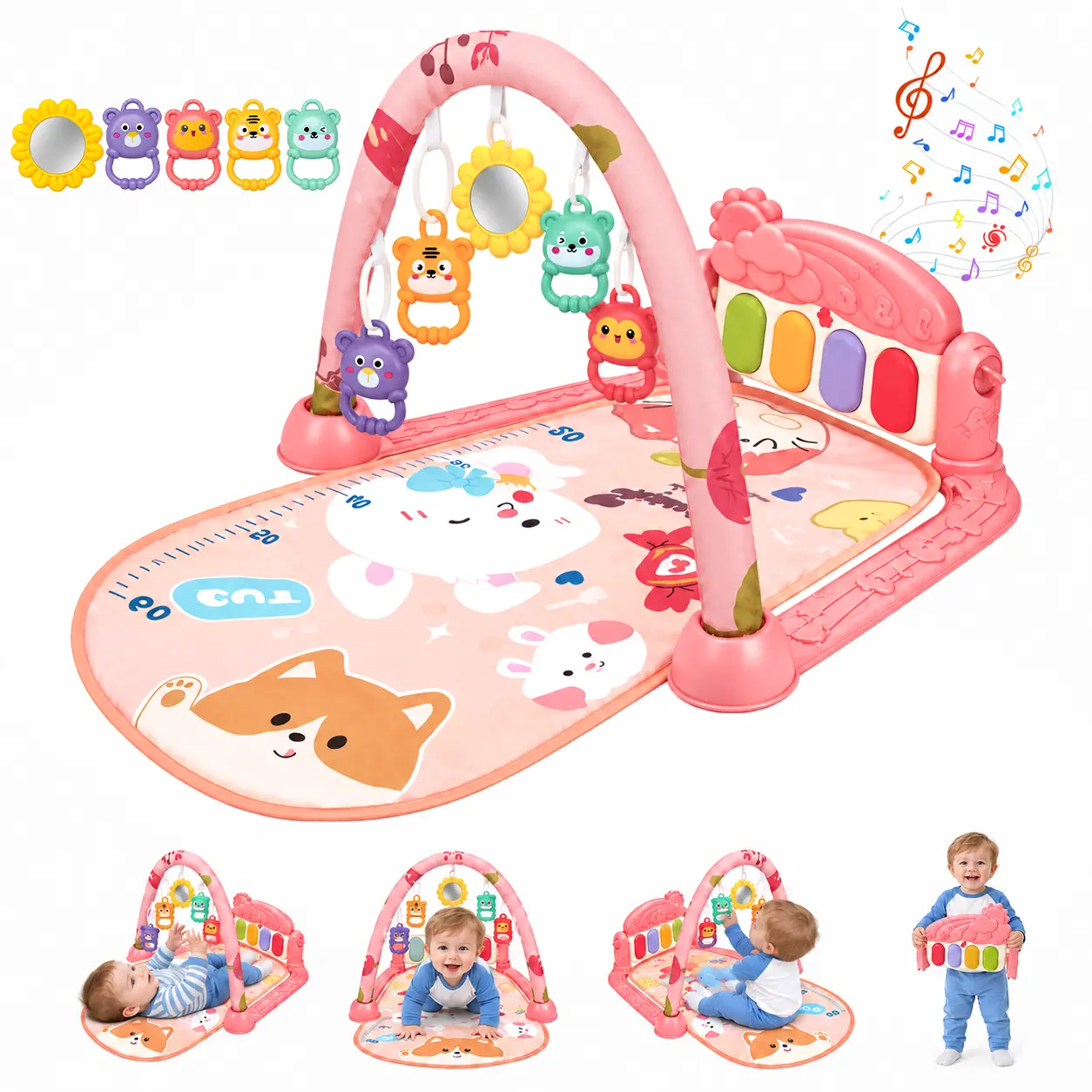 Cochildor Cotton 3-in-1 Large Fabric Activity Mat for Babies - 0-3 Months Tummy Time Pad, Kicking Piano Pad, Nursery Development Mat, Animal-Themed Baby Item, Gift for 0-36 Months Infants