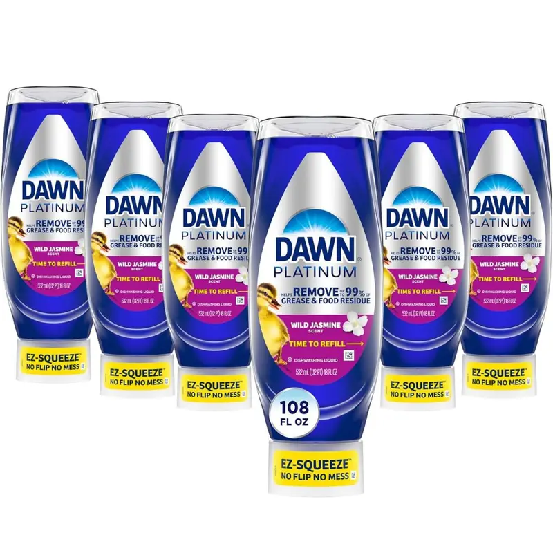 Dawn Platinum EZ-Squeeze Dish Soap Liquid, Dishwashing Liquid, Grease Removal, Upside Down Bottle, Wild Jasmine, 6x18 Fl Oz Bundle