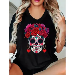 Stylish Plus Size Women's T-Shirt Featuring Mexican Day of the Dead Skull Graphic Comfortable and Breathable Design Perfect for Spring and Summer Casual Wear