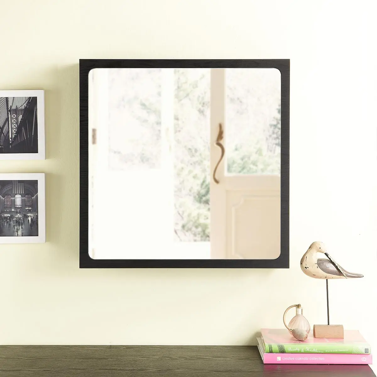 24/7 Shop At Home Lyndell Modern Walnut Wood Entryway Multi-Storage Wall Mirror for Keys, Entryway Hanging Wall Mirror Decor Glass Mirror
