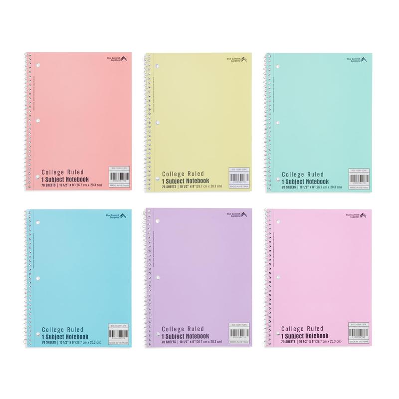 Pastel Spiral Notebook College Ruled, One Subject School Notebooks Spiral, Perforated Notebooks Bulk, 8 x 10.5 School Book, Paper, College Ruled, 6 Pack