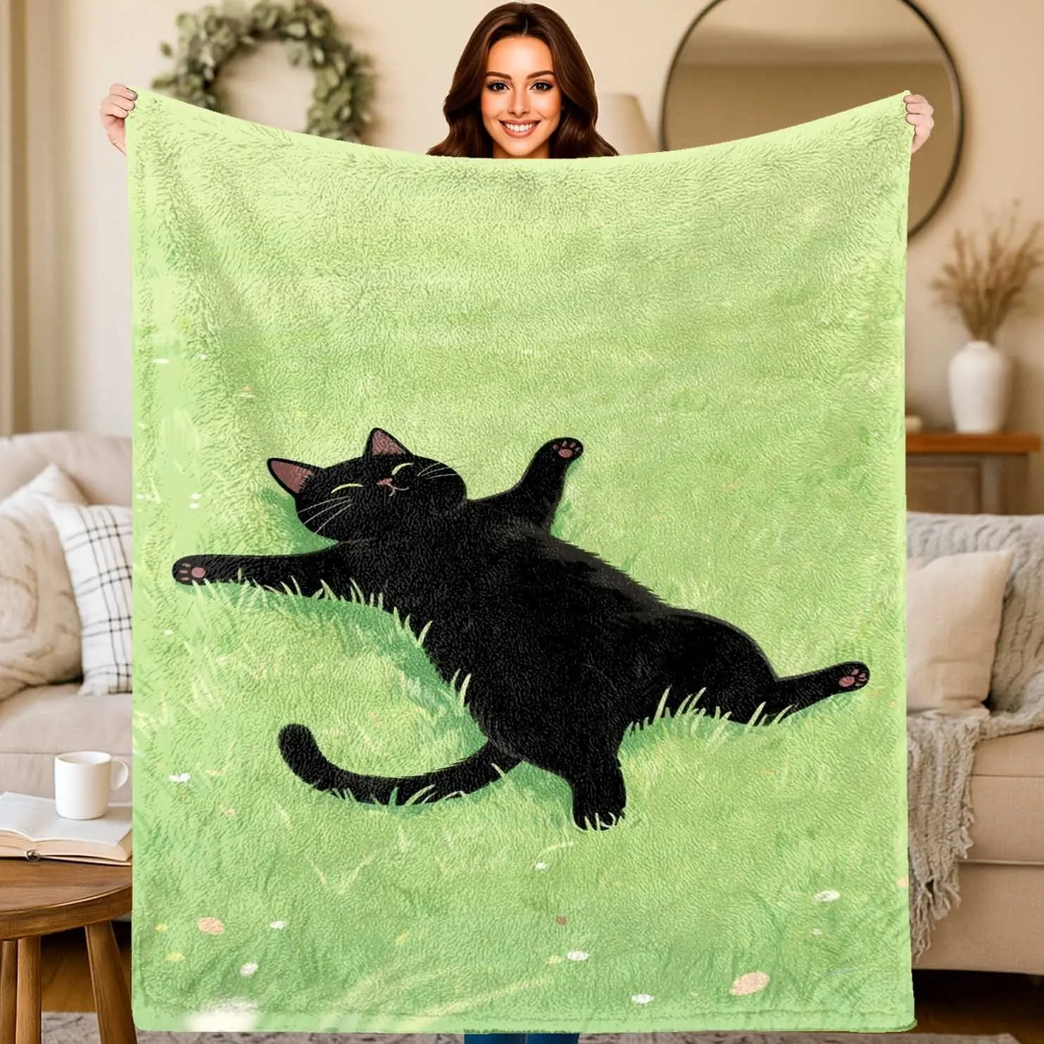 Kawaii Cute Lazy Black Cat on Green Grass Flannel Blanket, Ultra-Soft Cozy Decorative Blanket, All-Season Bedding Throw for Bed Couch, Room & House Decor Gift for Cat Lovers