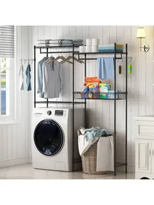 Over Washer And Dryer Storage Shelves, Height Adjustable Clothes Drying Rack, Heavy Duty Laundry Room Shelves, 57.4" W Space Saving Shelving Units With Laundry Hamper And Hooks