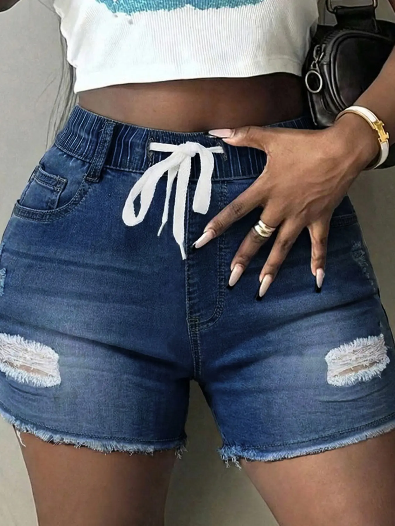 Women's Plus Size Frayed Denim Summer Shorts, Elastic Waist Drawstring, High Waisted, Dark Wash, Stretchy, Distressed, Ripped, Y2K Style, Casual Streetwear