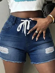 Women's Plus Size Denim Shorts, Elastic Waist Drawstring, High Waisted, Dark Wash, Stretchy, Distressed, Ripped, Y2K Style, Casual Streetwear
