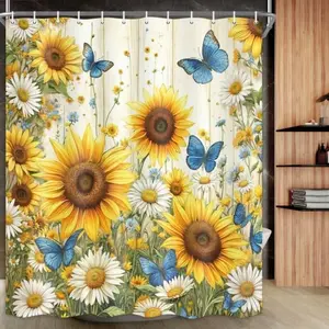 Rustic Farmhouse Sunflower Shower Curtain, Yellow Floral Country Bathroom Decor with Hooks