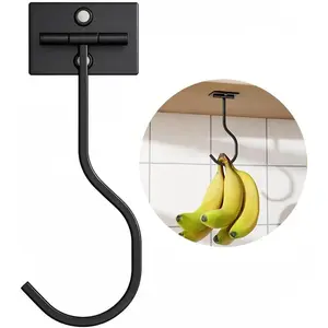 Under Cabinet Banana Hook Foldable - Adhesive Bananas Hanger, Heavy Duty Stainless Banana Holder (13lb), Magnetic Fold-Up When Not in Use, Premium Material, Black