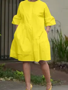 Women's Plain Button Front Ruffle Trim Smock Dress, Casual Frill Trim, Casual Pocket Flounce Sleeve Dress for Summer Daily Wear, Ladies Clothes for All Seasons