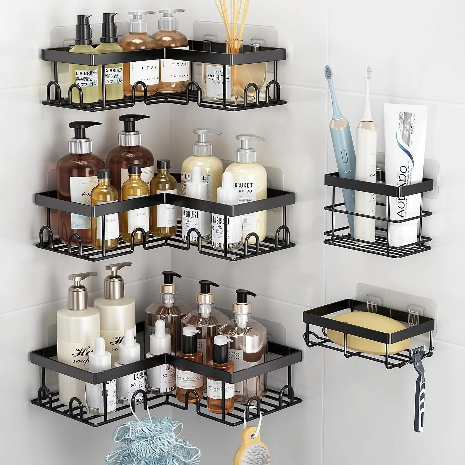 Corner Shower Caddy 5 Pack, Rustproof Stainless Steel Shower Organizer with Soap Rack Toothbrush Holder, Large Capacity Adhesive No Drilling Bathroom Storage Decor Set, Black