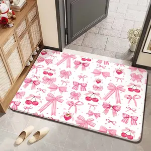 Sweet Strawberry Rug, Anti-Slip Floor Mat, Background Bow Cherry Strawberry Print, Bedroom Carpet for Girls' Room