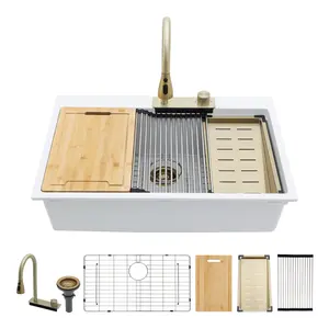 33x22 Quartz Waterfall Kitchen Sink Single Bowl Drop In Kitchen Sink Quartz Workstation Sink with Waterfall Faucet Multifunctional Faucet New