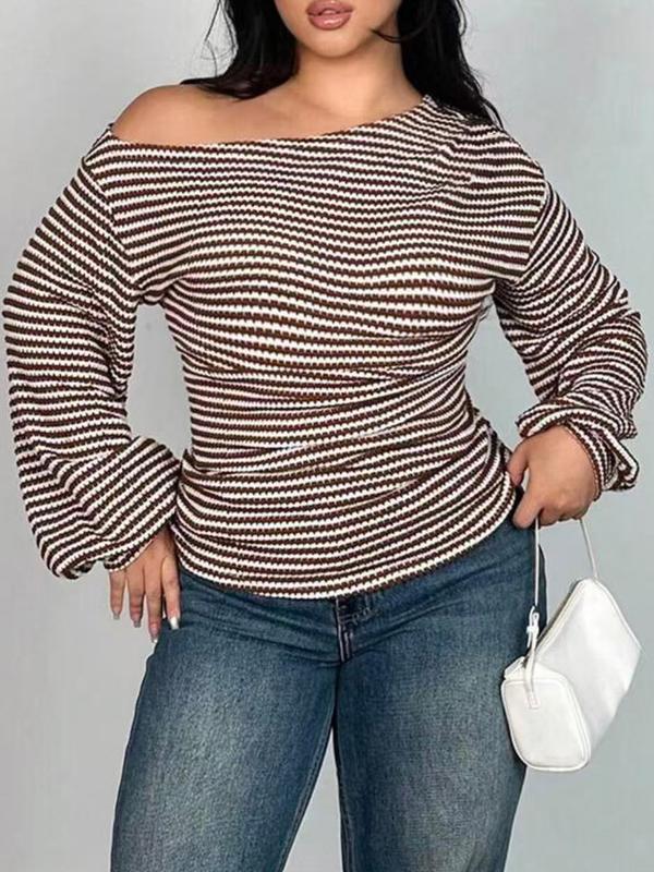 【Plus Size】1 Piece Women's Beige & White Striped Cold Shoulder Long Sleeve Crop Top, Y2K Aesthetic Street Style, Waffle Knit Fabric & Slim Fit, Ruffled Cuff Detail, For Fashion-Forward Women, Perfect for Streetwear, Casual Outings & TikTok Trendy Looks