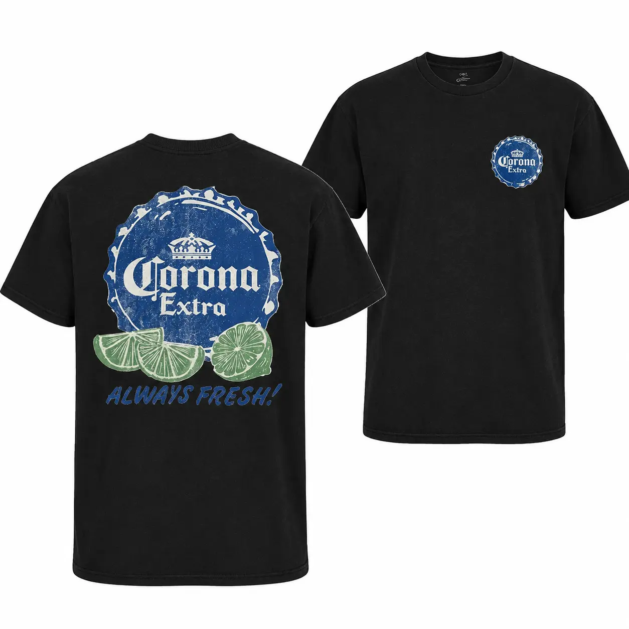 Men’s Vintage Corona Extra Lime Bottle Cap Graphic Tee Double Side Print Always Fresh Beer Oversized Cotton T-Shirt For Summer Beach Party Streetwear