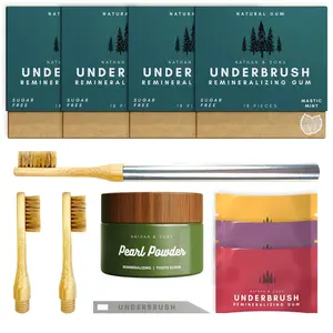 NATHAN & SONS Oral Care Bundle - Underbrush Remineralizing Gum 4-Pack, Mint Flavor, Pearl Powder Tooth Scrub, Boar Bristle Toothbrush Kit, Bonus Sampler Packs