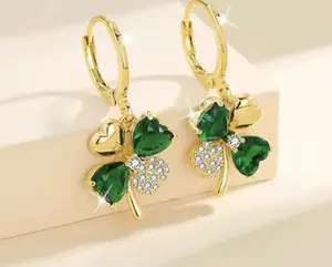 Lucky Green Clover Drop Earrings — 18K Gold Plated Sparkle