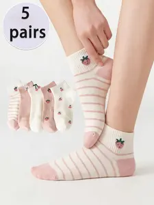 Women's Spring Summer Short Socks, Cute Strawberry Cherry Rabbit Striped Design, Breathable Skin-Friendly, Perfect for Daily Wear